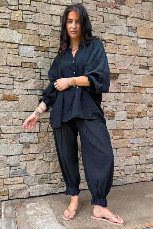 Mimi Pillow Cotton Batwing Blouse Black